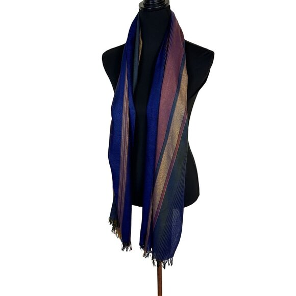 Multicolor Striped Scarf With Fringe Cotton Lightweight Earth Tones Navy Blue - Picture 2 of 4